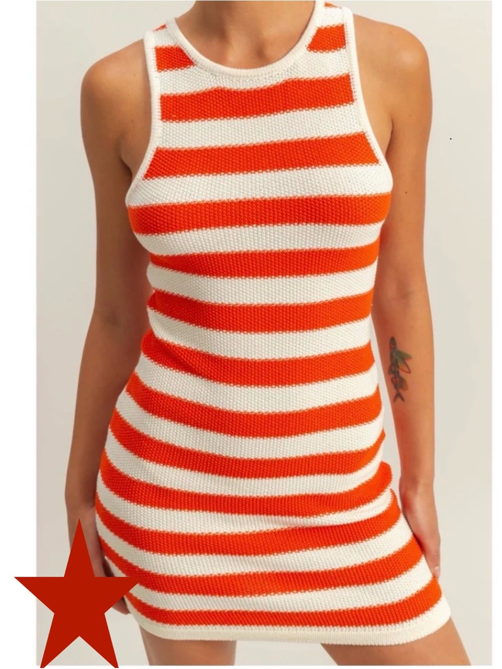 Double Zero Tomato and Cream Striped Sleeveless Bodycon Knit Mini Dress